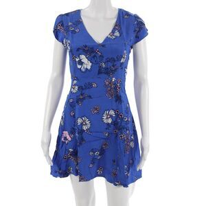 Mink Pink Women Fit & Flare Mini Dress Blue V-Neck Short Sleeve Size XS